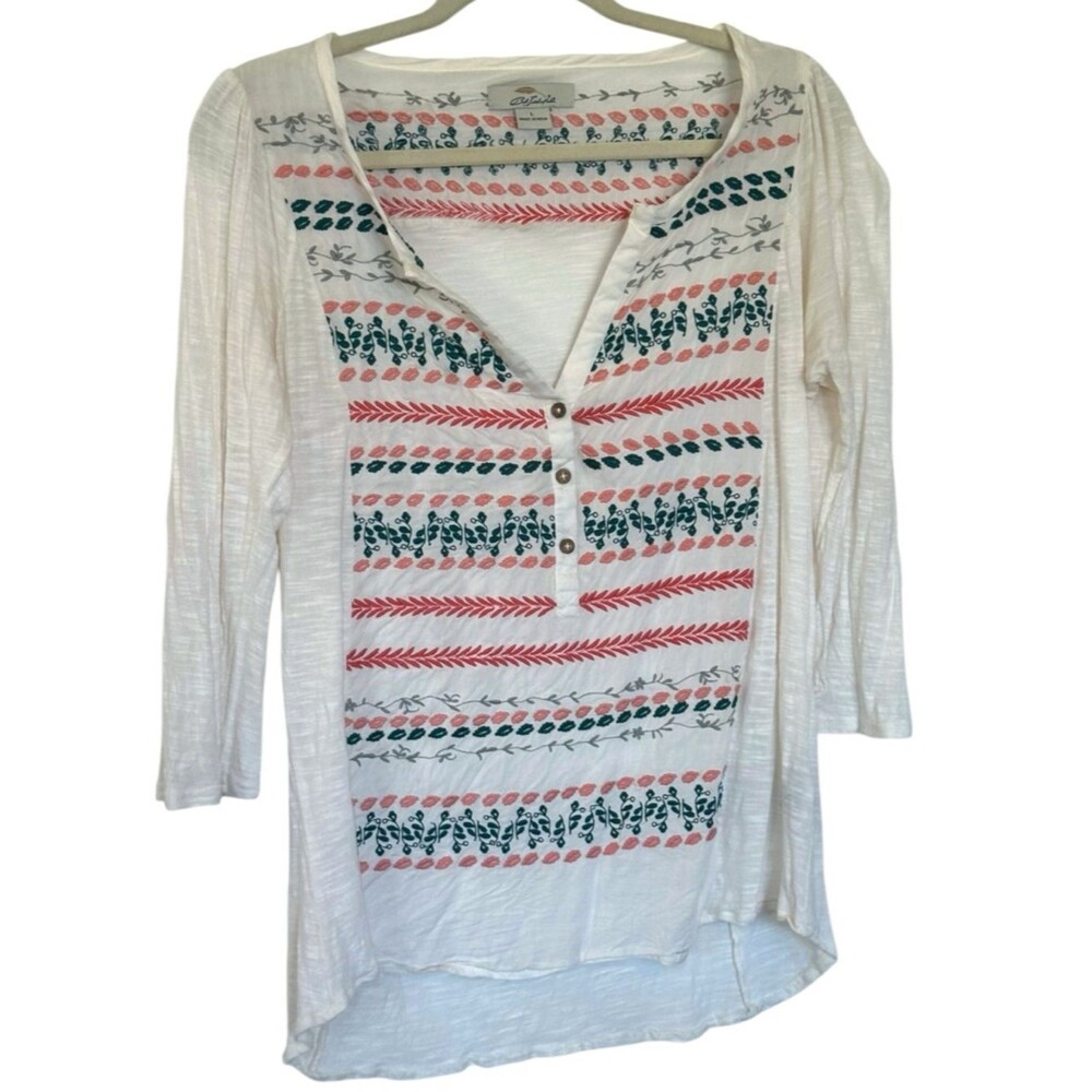 Bob Timberlake White Embroidered Henley Top Boho Cottagecore Floral Size L